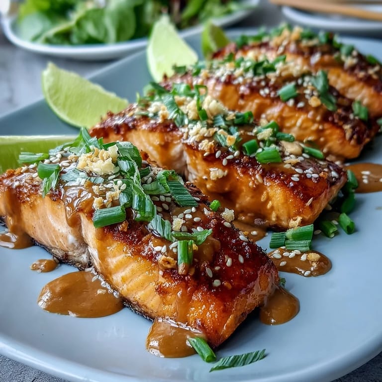 Freshly prepared Bang Bang Salmon garnished with lime wedges and sesame seeds, ready to serve over a bed of jasmine rice for a delicious fusion dinner.