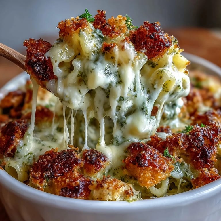 Close-up of Baked Pesto Chicken Mac & Cheese, featuring marinated chicken pieces and creamy macaroni. 