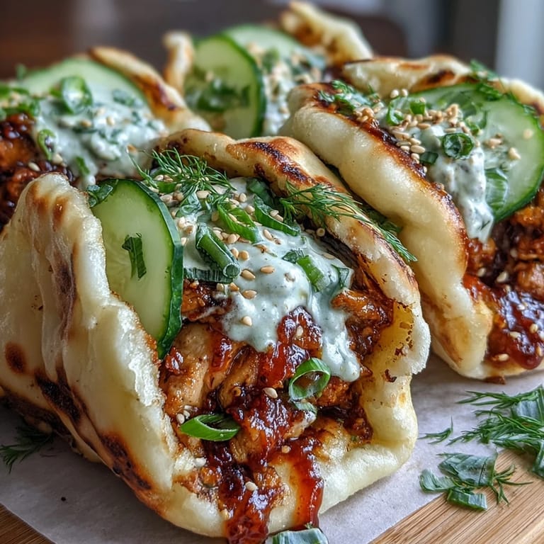 Fresh cucumber slices and cilantro garnish these warm, handheld Korean Turkey Stuffed Naan Pockets.