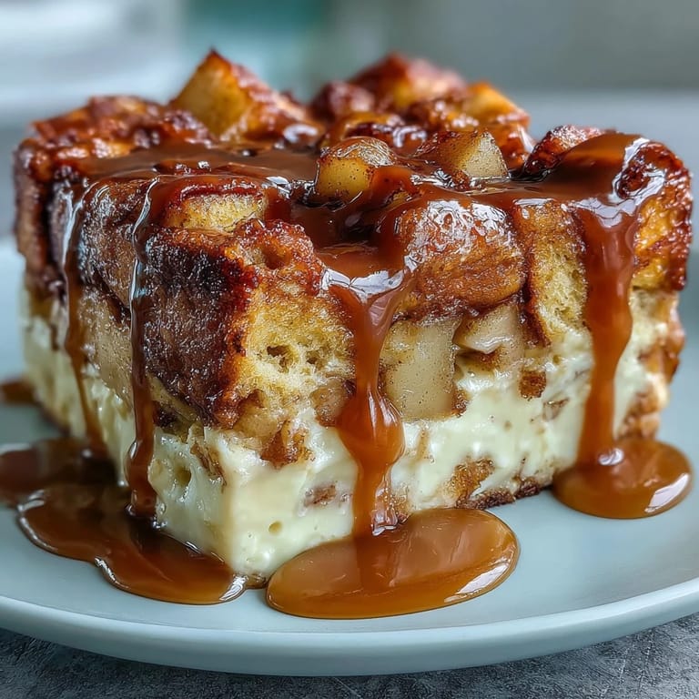 A warm slice of Caramel Apple Cheesecake Bread Pudding served with vanilla ice cream and a caramel drizzle.