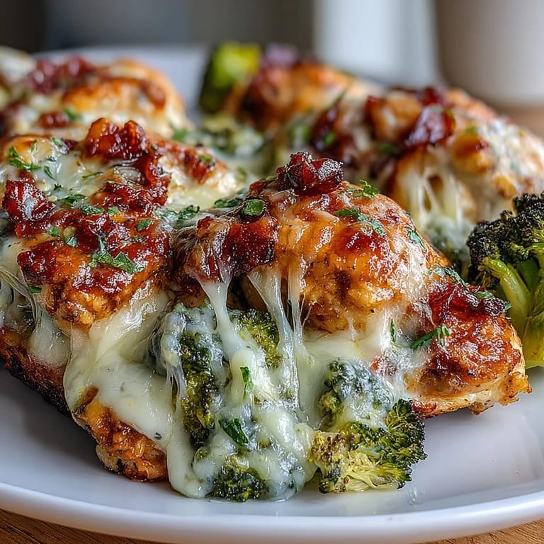 Close-up of a cheesy, ranch-flavored chicken and broccoli sheet pan meal garnished with fresh parsley.