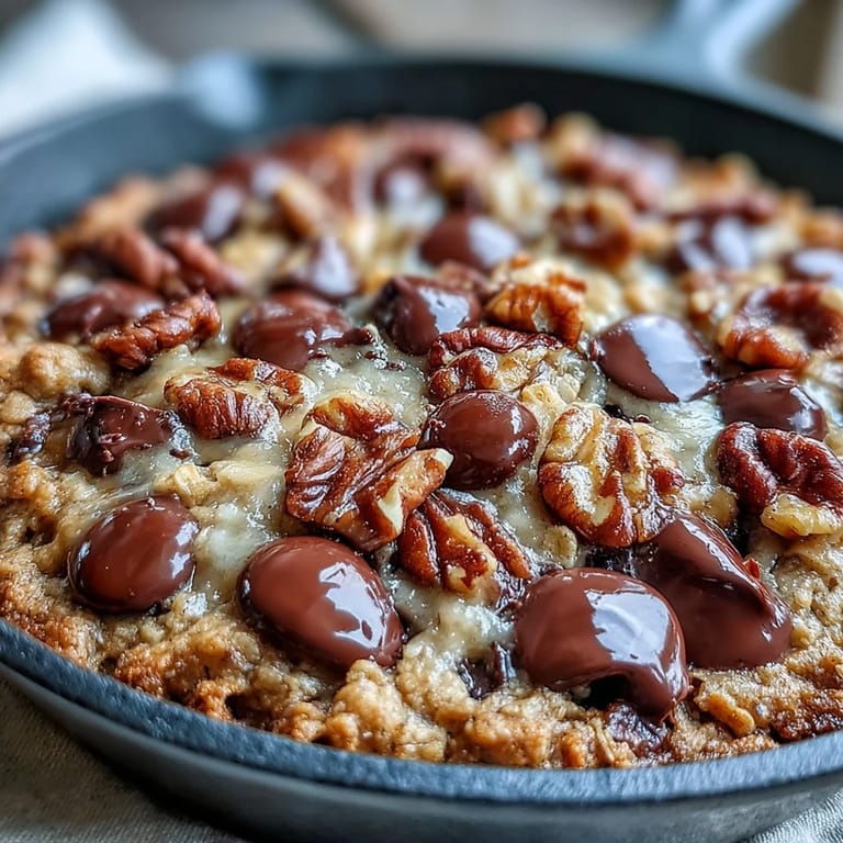 Freshly baked Chunky Monkey Oatmeal Cookie Skillet with golden edges and a soft center in a cast-iron pan.