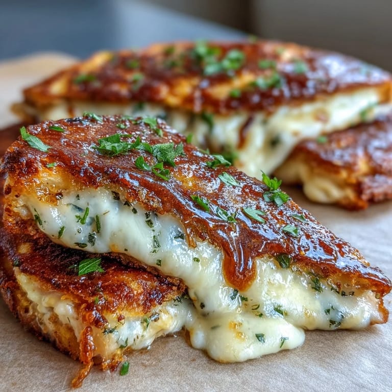 A close-up look at a delicious Brown Butter Garlic Naan Grilled Cheese, served warm alongside a steaming bowl of rich tomato soup.
