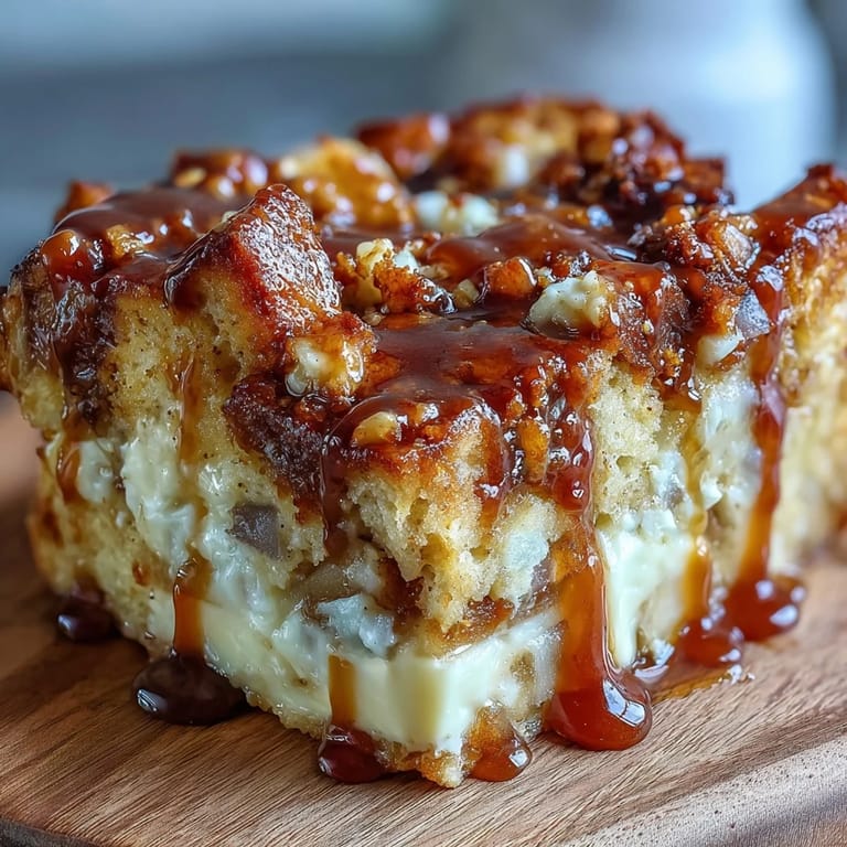A fork rests next to a warm serving of Caramel Apple Cheesecake Bread Pudding, revealing creamy cheese and tender apple chunks.