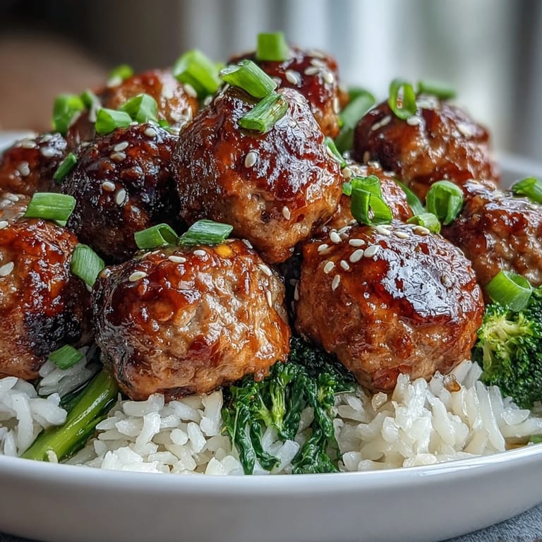 A close-up of Honey Garlic Turkey Meatball Bowls reveals glistening meatballs and bright green broccoli florets on a bed of rice.