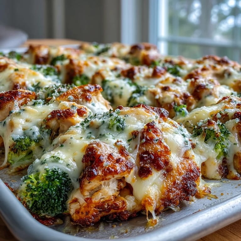 A close-up of Ranch Chicken & Broccoli Sheet Pan Melt with juicy meat and melted cheese, perfect for a quick low carb family dinner.
