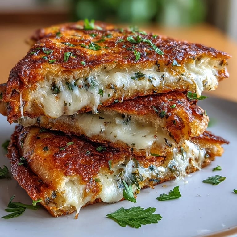 Two halves of a Butter Garlic Naan Grilled Cheese beside fresh herbs and a cup of tomato chutney.