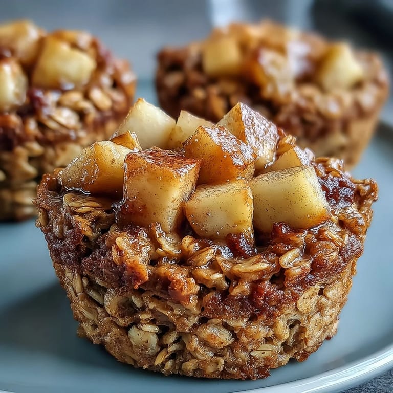 A close-up of Vegan Apple Cinnamon Baked Oatmeal Cups reveals a fluffy texture and warm cinnamon spice.