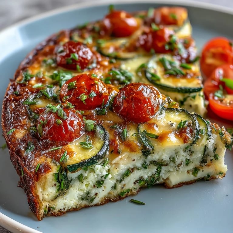 Freshly baked Light Zucchini and Tomato Frittata in a skillet, featuring tender zucchini and halved tomatoes, perfect for a healthy, low-carb brunch.