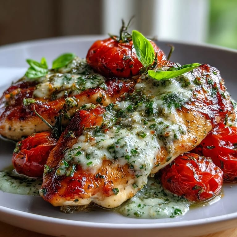 A close-up of Keto Creamy Pesto Chicken with roasted tomatoes and fresh basil garnish, plated next to a fork ready for a flavorful Italian-inspired bite.