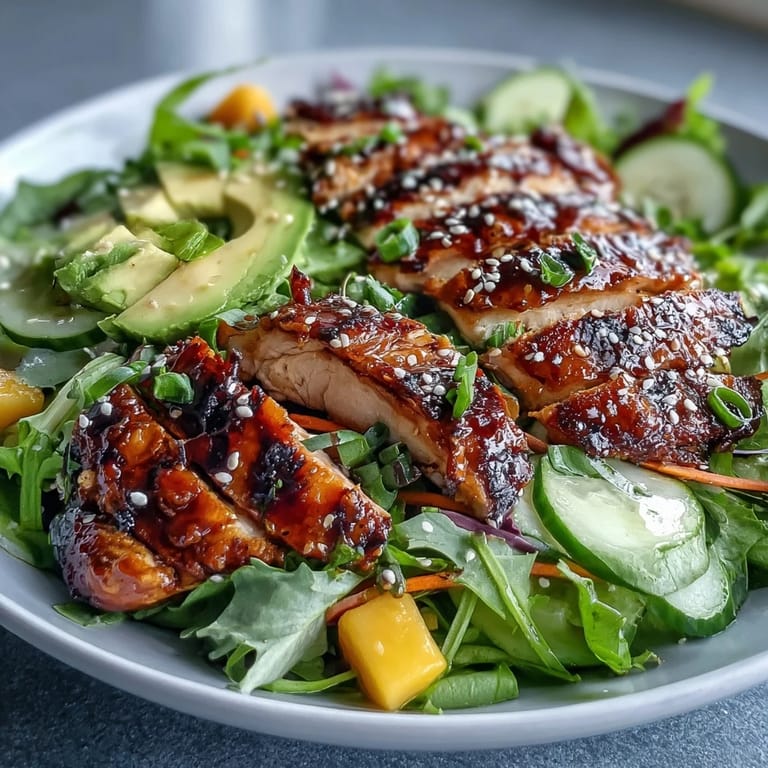Juicy green tea-marinated chicken breast served over crisp salad greens with mango slices and creamy avocado.