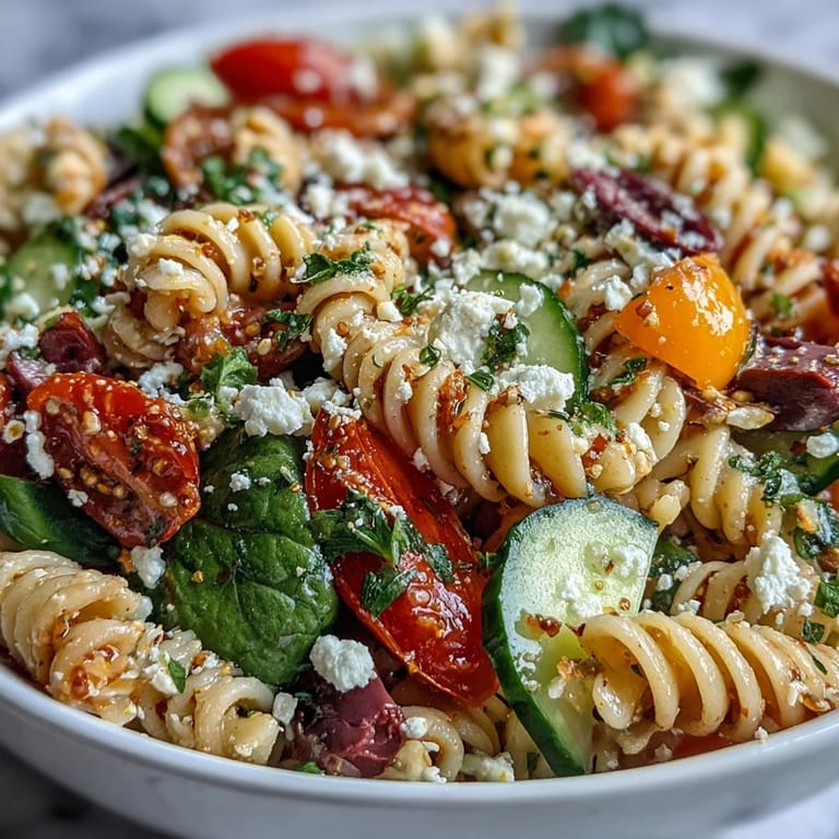 Colorful Summer Slim Greek pasta salad with extra veggies and light feta, showcasing vibrant bell peppers, spinach, and kalamata olives for a refreshing Mediterranean lunch.