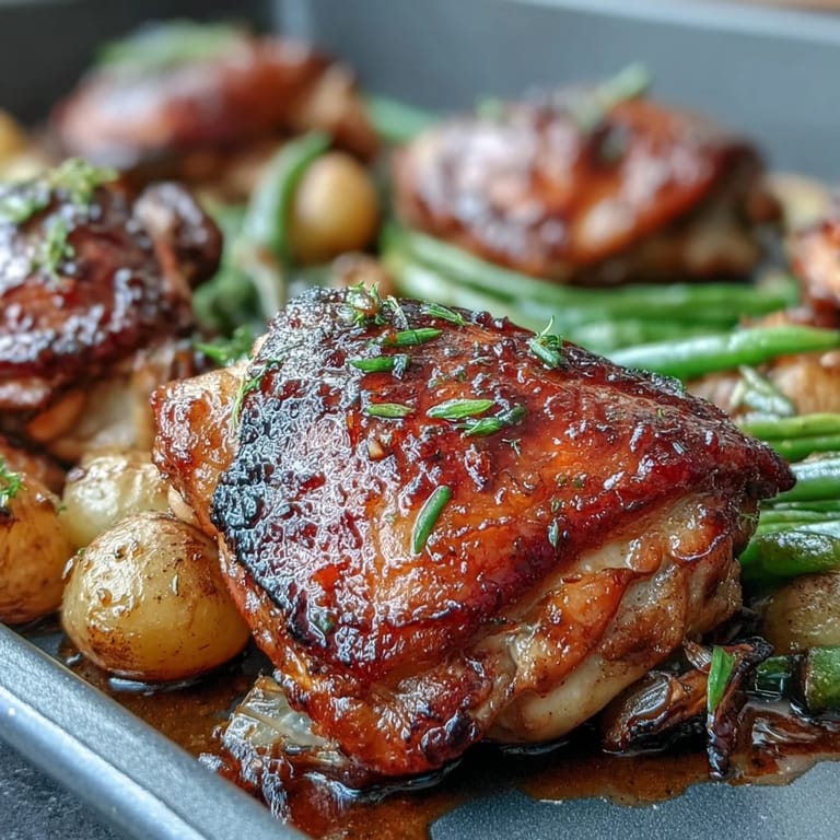 Easy Honey Garlic Sheet Pan Chicken dinner with caramelized chicken, roasted baby potatoes, and fresh green beans for a complete meal.