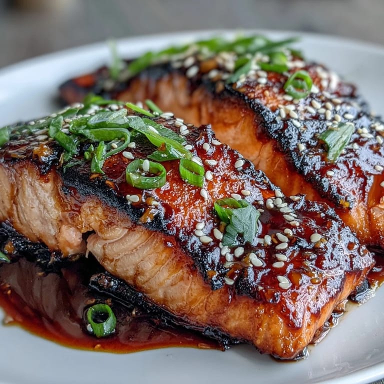Succulent salmon fillets coated in a sweet and savory teriyaki glaze, oven-roasted until flaky and garnished with sesame seeds for a flavorful meal.