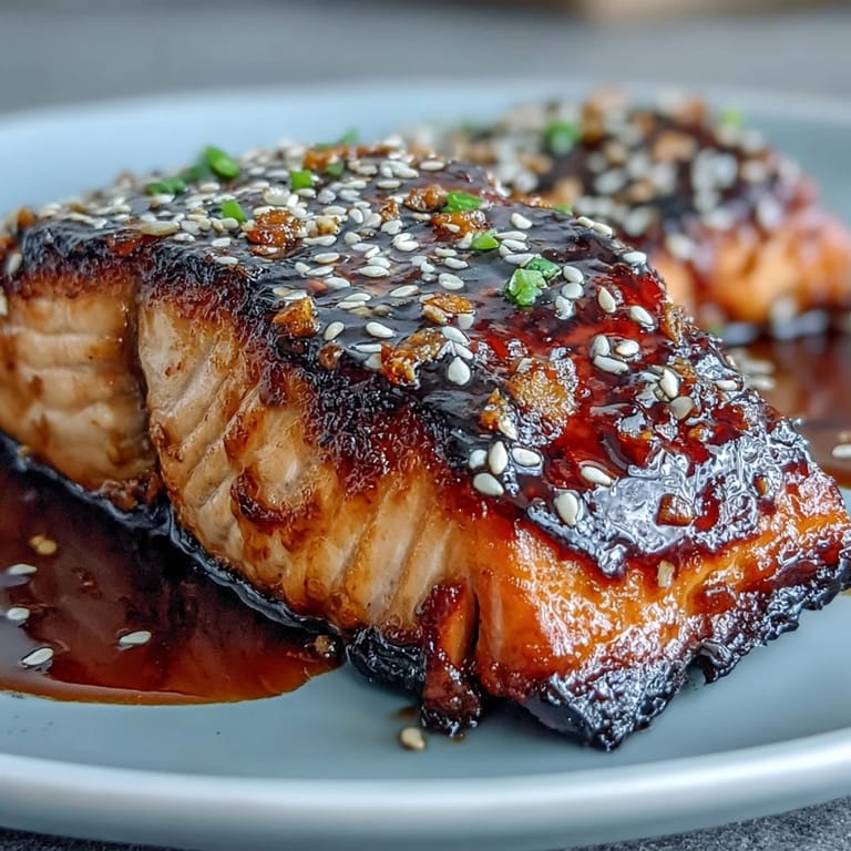 Restaurant-quality teriyaki glazed salmon, brushed with a rich soy-based sauce and baked to perfection, topped with sesame seeds and sliced green onions.