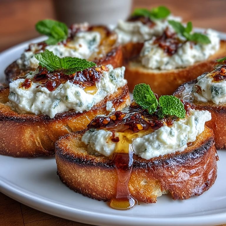 Golden-baked baguette slices spread with creamy whipped feta, finished with a bold drizzle of hot honey and fresh herbs for a Mediterranean-inspired bite.
