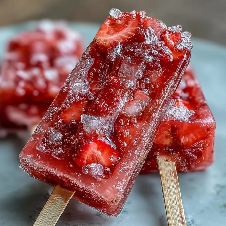 Elegant strawberry mimosa popsicles featuring ripe strawberries, sparkling wine, and a touch of honey, garnished with edible flowers.