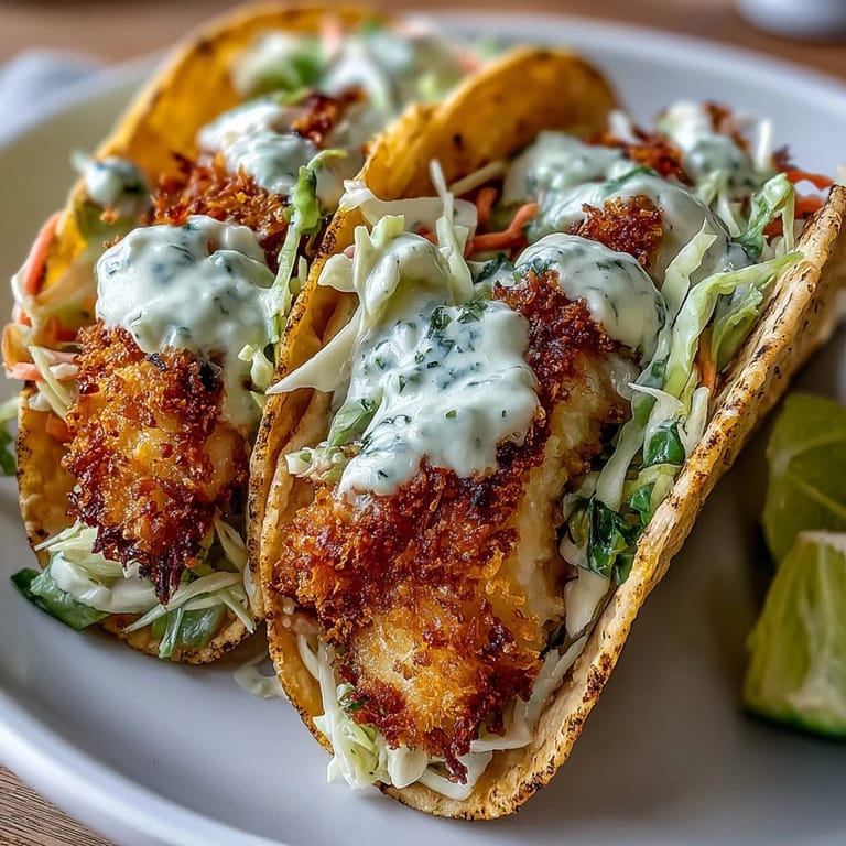 Golden-brown fish fillets in corn tortillas with vibrant red and green cabbage slaw, fresh cilantro, and zesty dressing.  