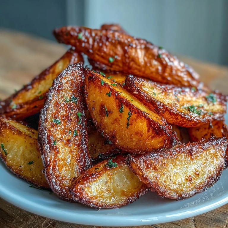 A plate of hot air-fried potato wedges paired with tangy spring onion dip, perfect for dipping and sharing.  