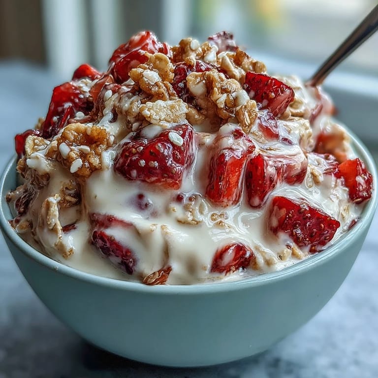 Layered strawberry shortcake overnight oats featuring sweet strawberries, creamy vanilla yogurt, and hearty oats for a healthy, dessert-inspired morning treat.