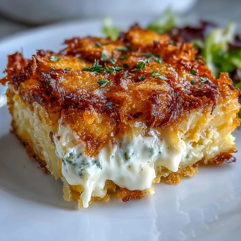 A lightened take on classic funeral potatoes, featuring tender hash browns, Greek yogurt sauce, and a buttery golden crust.