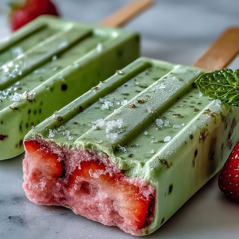Beautifully layered strawberry and matcha latte popsicles, blending sweet fruit and earthy tea for a cool, creamy dessert.