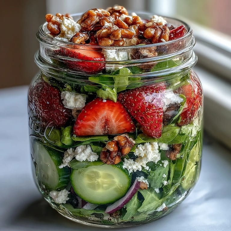 Portable salad jar featuring sweet strawberries, creamy goat cheese, crunchy nuts, and fresh greens.