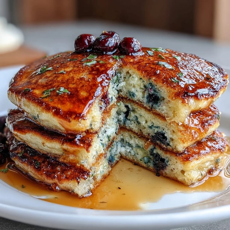 Close-up of tangy sourdough pancakes studded with juicy blueberries and hints of lemon zest, ready for a delicious breakfast.