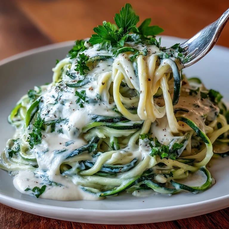 Light and healthy zucchini noodles tossed in a protein-rich cottage cheese Alfredo, perfect for a low-carb dinner.  