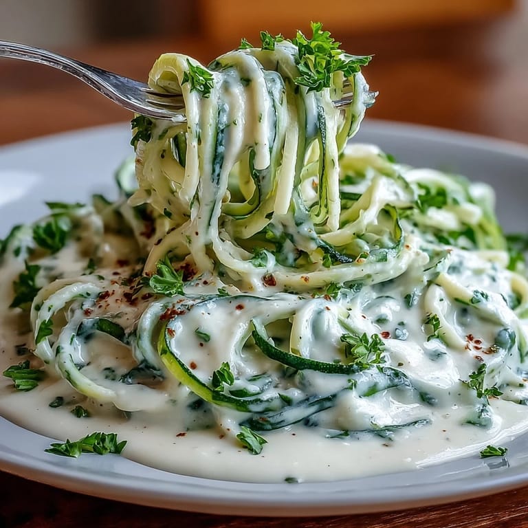 Velvety cottage cheese Alfredo sauce coats tender zucchini noodles, topped with fresh herbs and grated cheese.