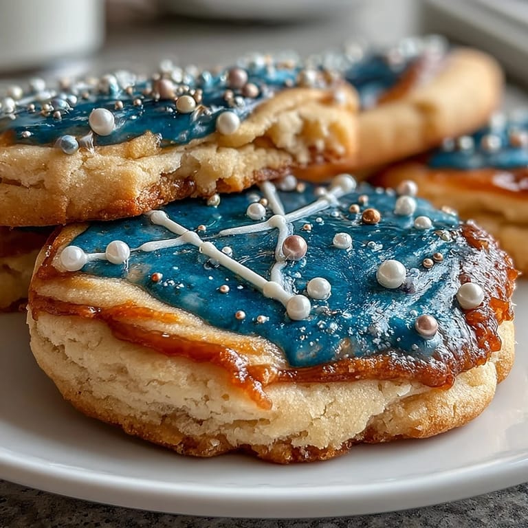 A platter of delicate Pisces constellation sugar cookies, each iced with royal blue and dotted with edible gold stars.