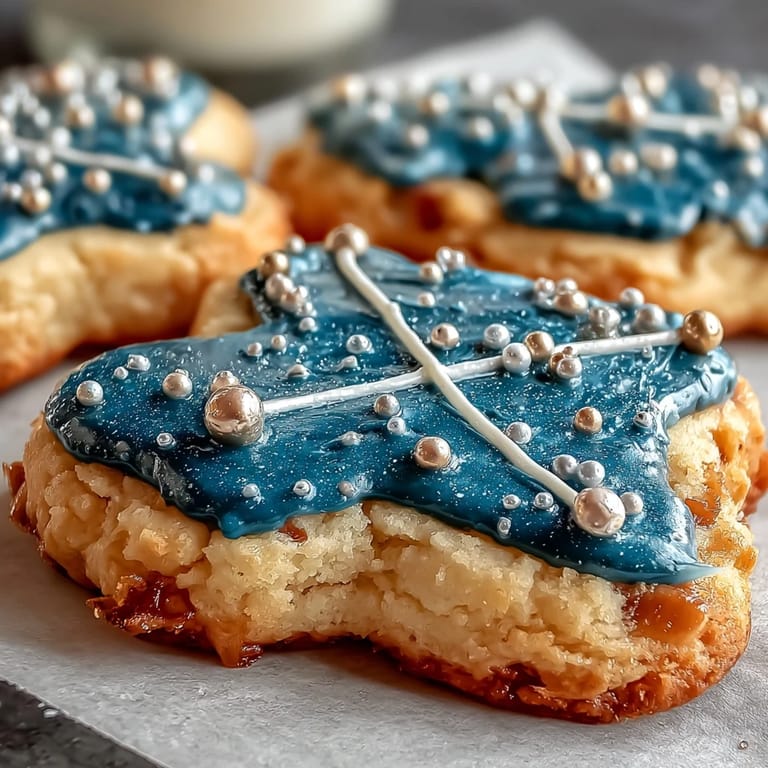 Close-up of hand-decorated Pisces constellation sugar cookies, showcasing intricate icing details and shimmering celestial accents.
