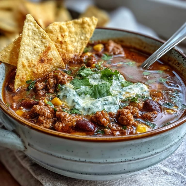 A close-up view of hearty taco soup brimming with ground beef, black beans, and diced tomatoes, topped with a dollop of sour cream.  