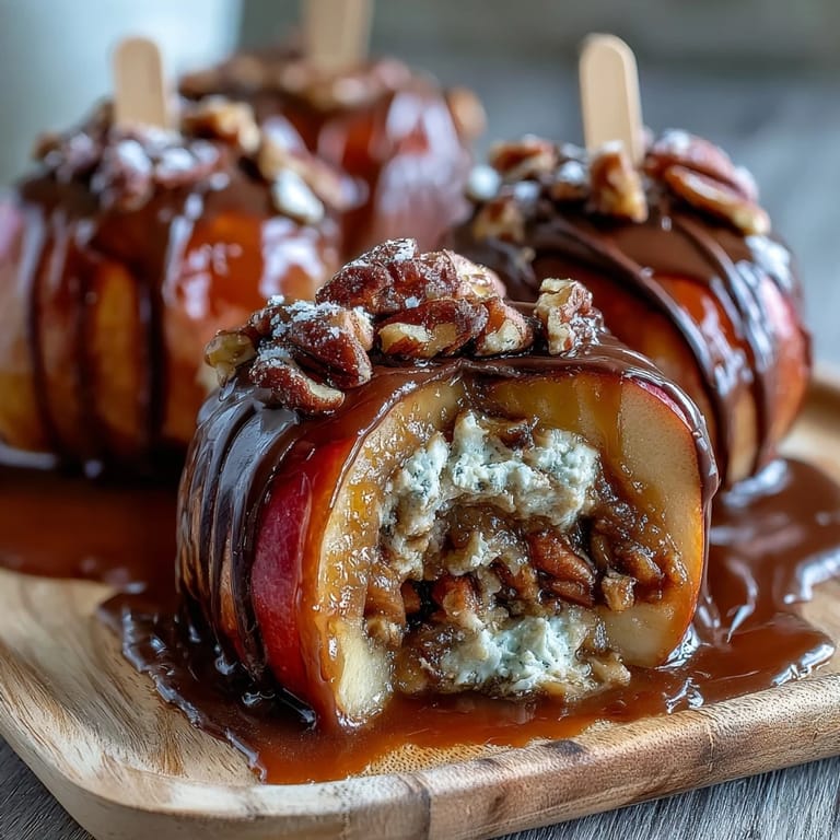 Candy Apple Slices with Caramel and Dark Chocolate: Bite-sized apple slices coated in smooth caramel, finished with a decadent dark chocolate drizzle for a perfect dessert.