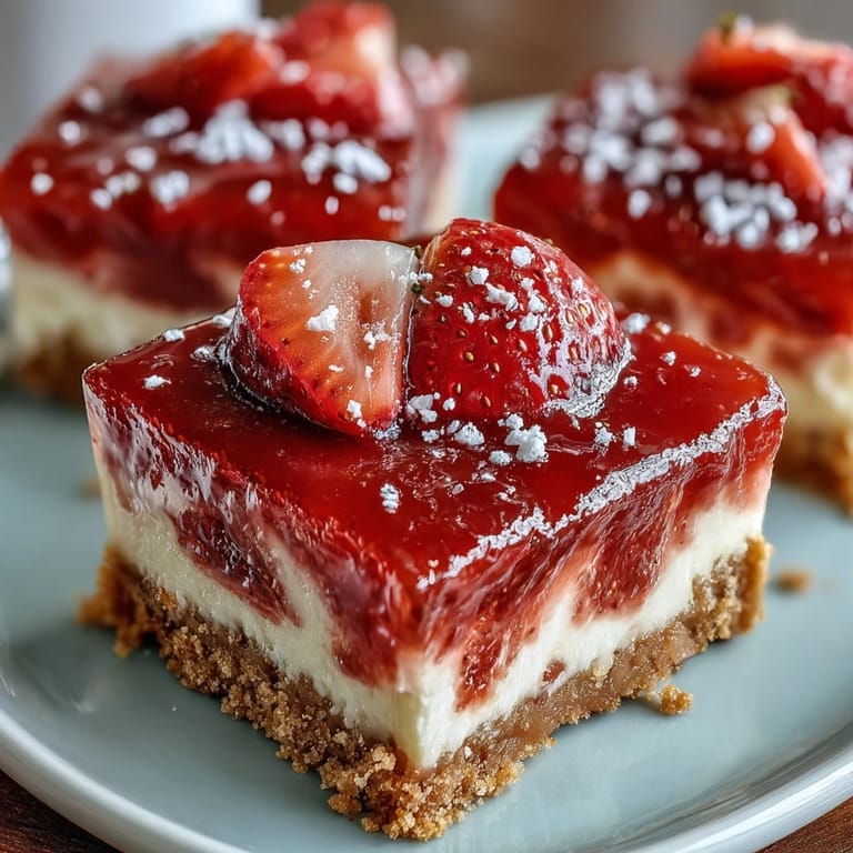 Buttery shortbread crust topped with vibrant strawberry lemon filling, perfect for bright and refreshing summer gatherings.