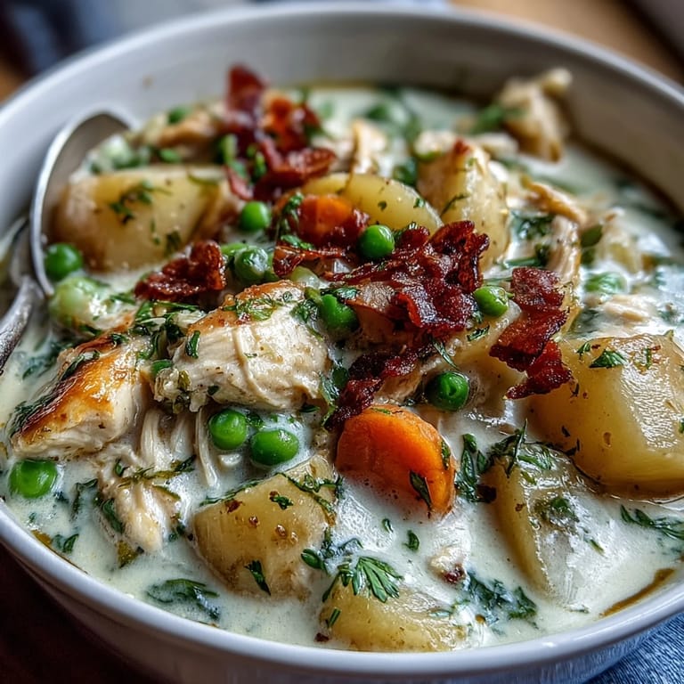 Creamy Slow Cooker Chicken Pot Pie Soup loaded with carrots, celery, and herbs for a warming family meal.