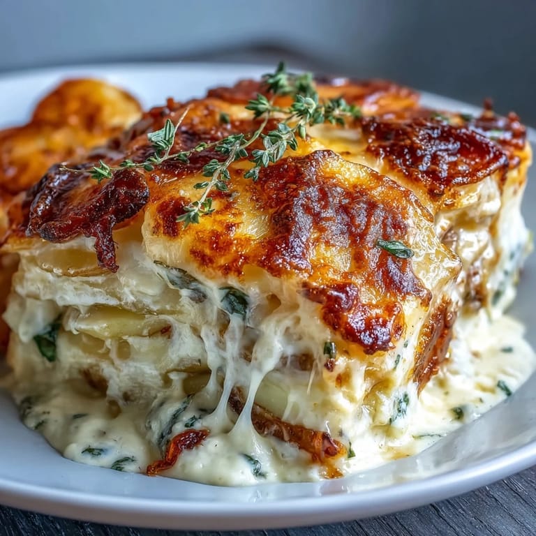 Golden Gruyere-topped scalloped potatoes with Yukon Gold slices, baked in a rich cream sauce with thyme and Parmesan for a comforting side dish.
