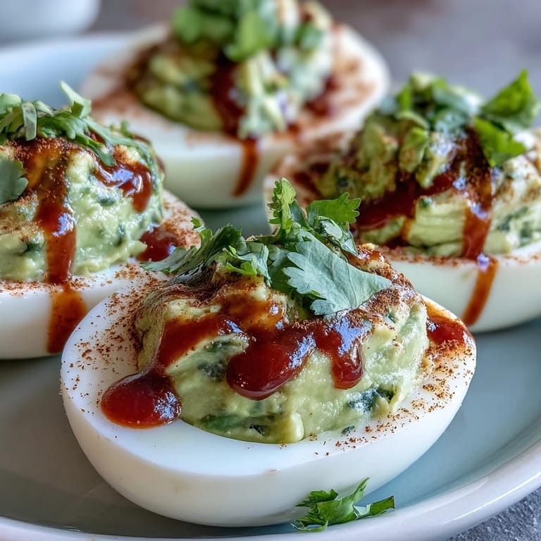 Bright green avocado filling piped into egg whites, topped with Sriracha and paprika for a zesty, crowd-pleasing appetizer.