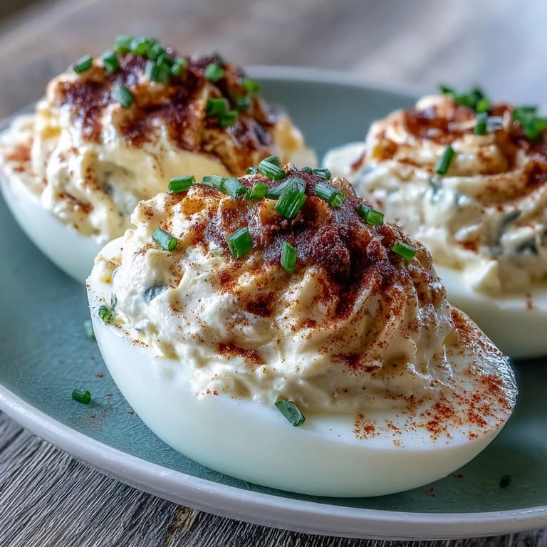 Creamy deviled egg halves with tangy mustard filling, garnished with vibrant paprika and delicate chives, perfect for parties or picnics.