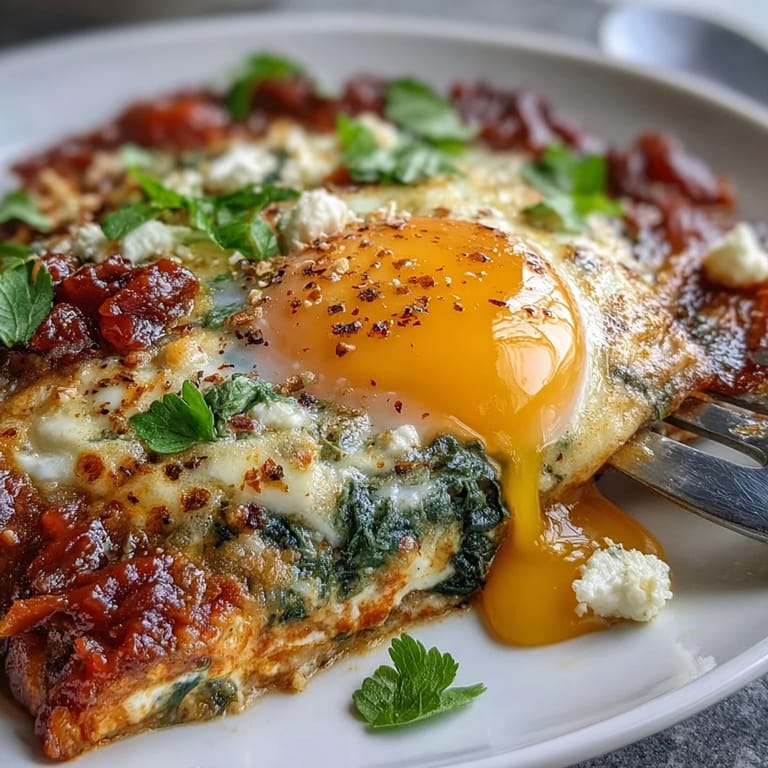 Warm shakshuka with spinach and feta, featuring poached eggs simmered in aromatic tomato and bell pepper sauce.