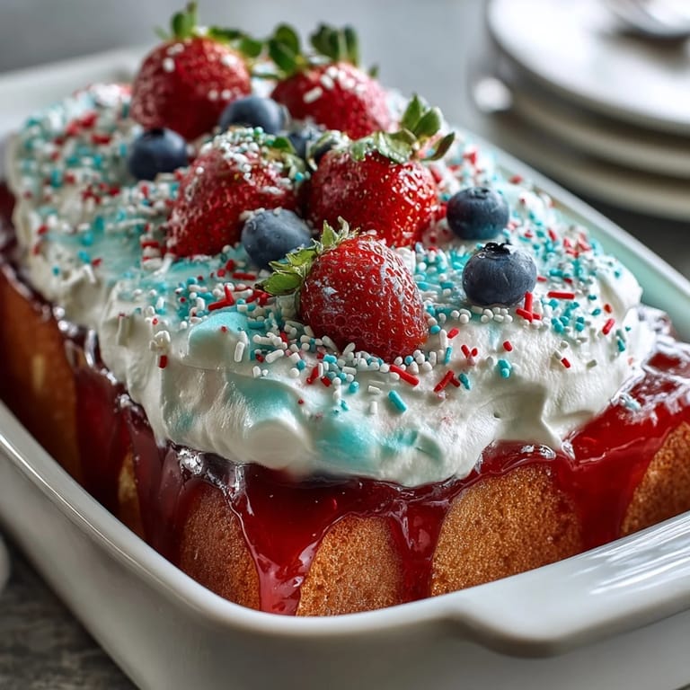 Celebrate Memorial Day with this colorful poke cake, featuring red and blue gelatin, whipped topping, and sprinkles.
