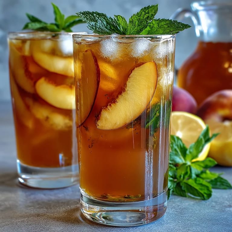 A tall glass filled with refreshing iced peach green tea lemonade, blending green tea, peach nectar, and tangy lemonade.