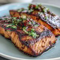 Grilled salmon with strawberry salsa served on a rustic wooden platter, garnished with fresh cilantro and lemon wedges.
