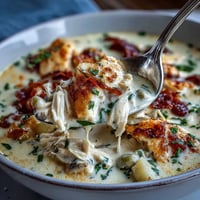 Slow Cooker Chicken Pot Pie Soup with tender chicken, hearty vegetables, and creamy broth in a rustic bowl.  