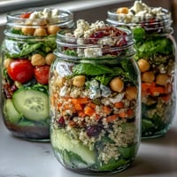 Layered mason jar salads packed with fresh greens, quinoa, and vibrant veggies for a healthy meal prep.