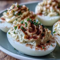 Classic Deviled Eggs with Paprika and Chives on a white serving platter, creamy yolk filling piped into egg whites, topped with smoky paprika and fresh green chives.